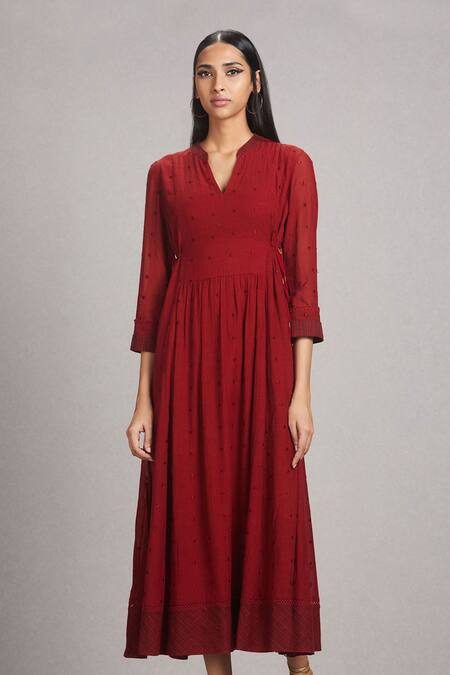 Shop_Ritu Kumar_Maroon 55% Viscose 45% Cotton Band Collar Embroidered Flared Kurta_Online_at_Aza_Fashions