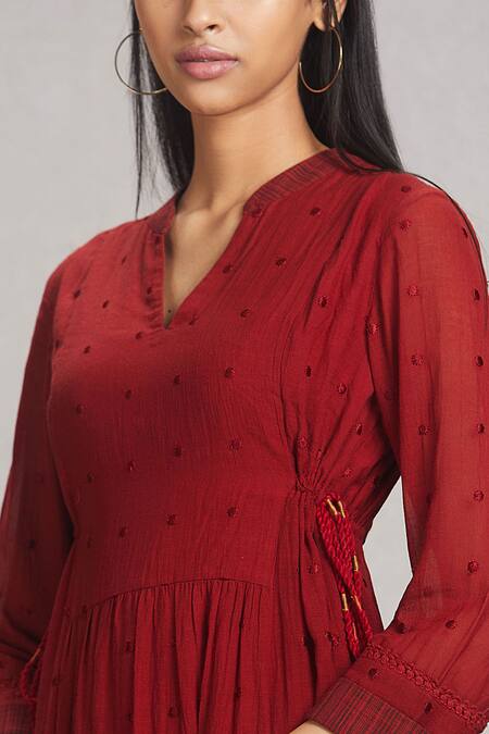 Ritu Kumar_Maroon 55% Viscose 45% Cotton Band Collar Embroidered Flared Kurta_at_Aza_Fashions