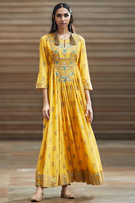 Ritu Kumar Yellow Viscose Round Floral Print Flared Long Kurta 