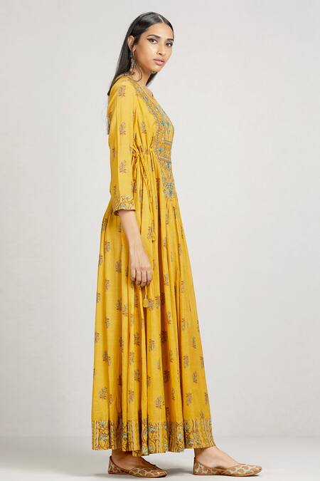 Ritu Kumar_Yellow Viscose Round Floral Print Flared Long Kurta_Online_at_Aza_Fashions