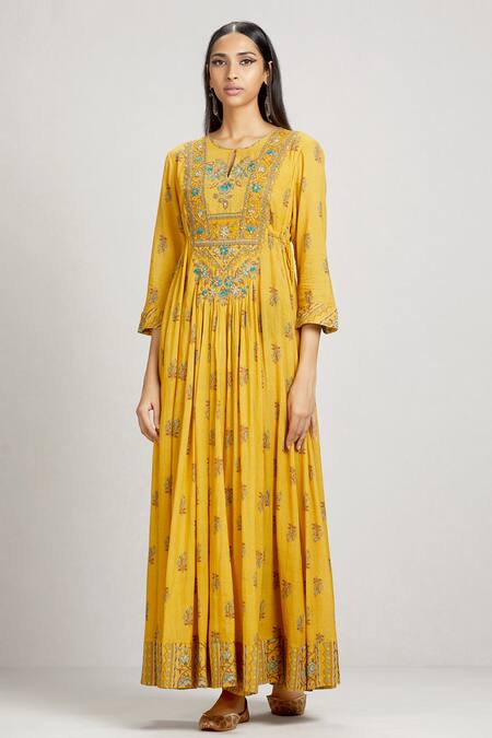 Buy_Ritu Kumar_Yellow Viscose Round Floral Print Flared Long Kurta_Online_at_Aza_Fashions