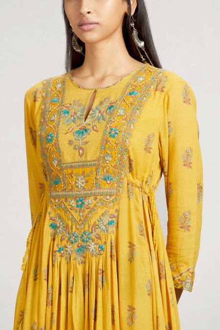 Shop_Ritu Kumar_Yellow Viscose Round Floral Print Flared Long Kurta_Online_at_Aza_Fashions