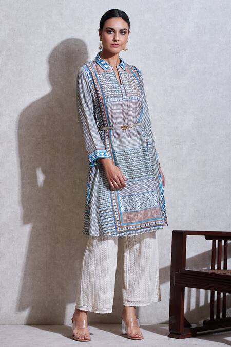 Ritu Kumar_White Viscose Silk Spread Collar Printed Kurta_Online_at_Aza_Fashions
