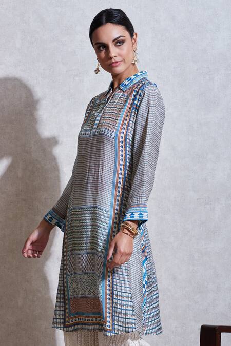 Shop_Ritu Kumar_White Viscose Silk Spread Collar Printed Kurta_Online_at_Aza_Fashions