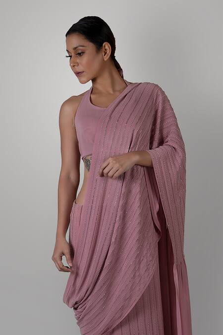 Kavita D_Pink Pure Silk Georgette Pre-draped Saree _Online_at_Aza_Fashions