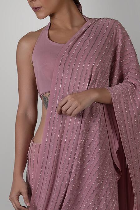 Buy_Kavita D_Pink Pure Silk Georgette Pre-draped Saree _Online_at_Aza_Fashions