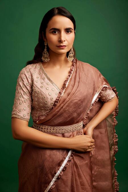 Apeksha Jain Label_Pink  Katana Kota Silk Embroidered Patti Frill With Blouse_Online_at_Aza_Fashions