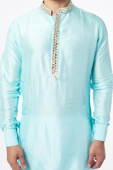Spring Break_Blue Silk, Cotton Embroidery Mandarin Collar Kurta Set For Kids_Online_at_Aza_Fashions