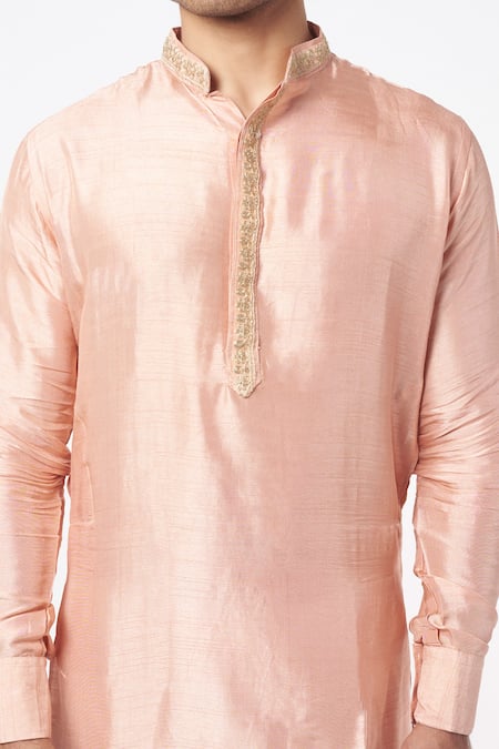 Spring Break Peach Silk Blend Mandarin Collar Kurta Set Online at Aza Fashions Spring Break_Peach Silk Blend Mandarin Collar Kurta Set _Online_at_Aza_Fashions