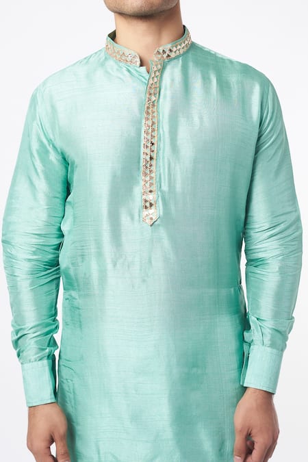 Spring Break_Green Silk Embroidery Full Sleeve Kurta Set For Kids_Online_at_Aza_Fashions