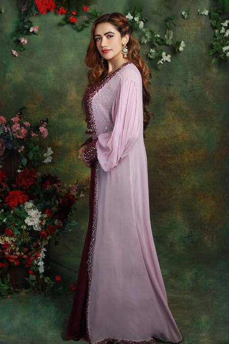 Archana Kochhar_Purple Palazzo And Jacket Georgette Blouse Raw Silk Mirror Embroidered & Set _Online_at_Aza_Fashions
