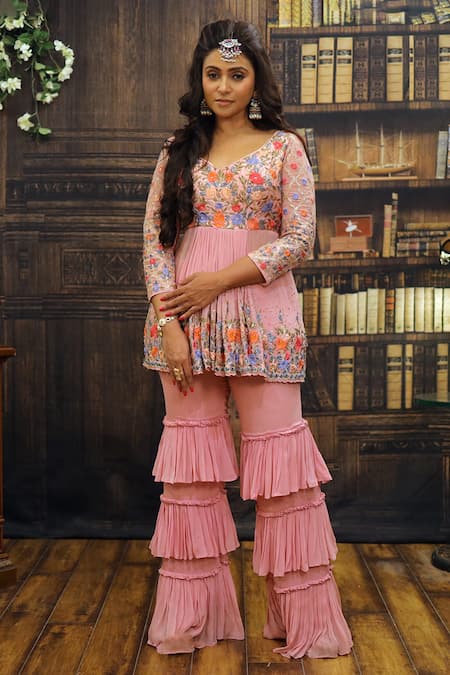 Archana Kochhar Embroidered Peplum & Sharara Pant Set 
