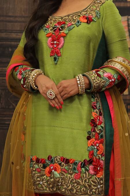 Archana Kochhar_Green Raw Silk Patiala Cotton Silk Dupatta Net Thread Embroidered Kurta Set _Online_at_Aza_Fashions