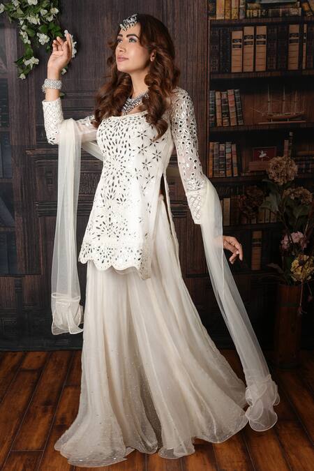 Archana Kochhar_White Kurta Raw Silk Palazzo Organza Dupatta Net Badla Embroidered Set _Online_at_Aza_Fashions