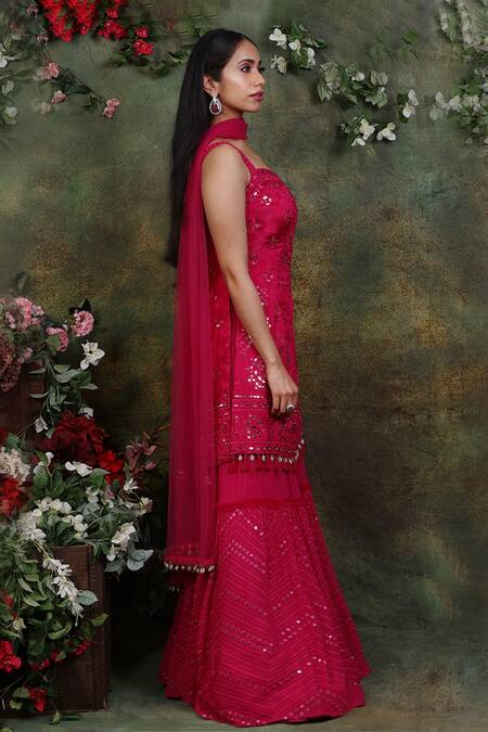 Archana Kochhar_Pink Kurta Raw Silk Sharara Georgette Dupatta Net Mirror Embroidered Set _Online_at_Aza_Fashions