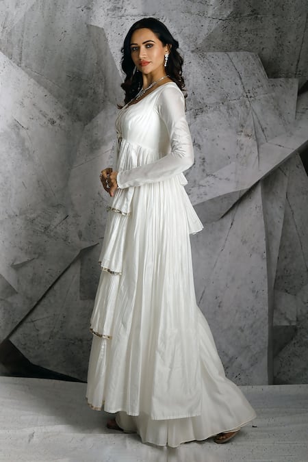 Archana Kochhar_Ivory Chanderi Gota Blouse V Neck, Jacket Open And Sharara Set _Online_at_Aza_Fashions