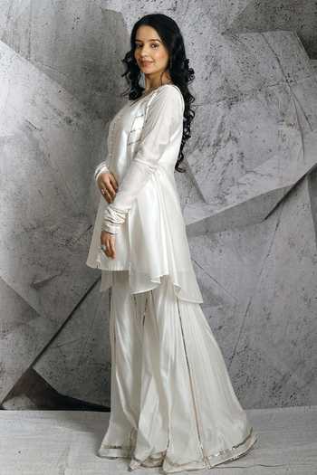 Archana Kochhar_Ivory Chanderi Gota Jacket Open, Kurta V Neck And Sharara Set _Online_at_Aza_Fashions