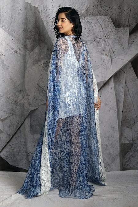 Shop_Archana Kochhar_Blue Organza, Textured Lycra Abstract V Neck Dress With Printed Jacket _at_Aza_Fashions