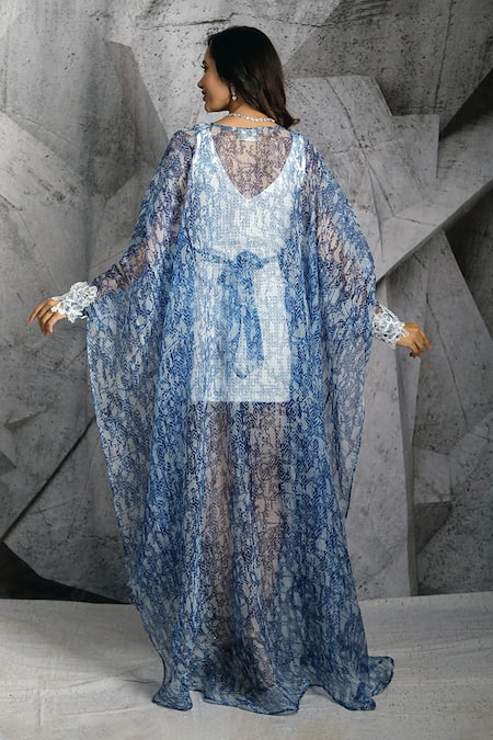 Shop Archana Kochhar Blue Organza, Textured Lycra Abstract Dress V Neck, Kaftan Open Print With at Aza Fashions Shop_Archana Kochhar_Blue Organza, Textured Lycra Abstract Dress V Neck, Kaftan Open Print With _at_Aza_Fashions