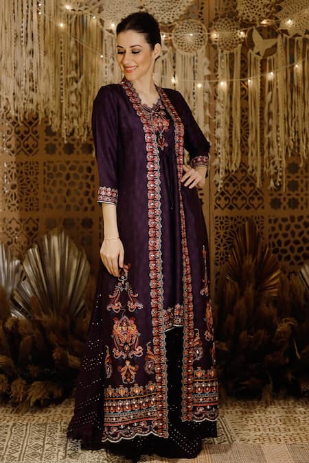 Archana Kochhar_Purple Raw Silk, Georgette Floral, Resham, Thread Embroidered And Palazzo Set _Online_at_Aza_Fashions