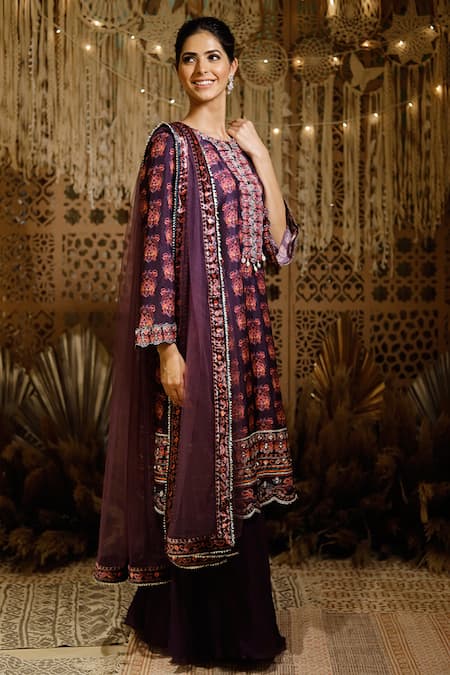 Archana Kochhar_Purple Kurta Raw Silk Palazzo Georgette Dupatta Net Floral Embroidered Set _Online_at_Aza_Fashions