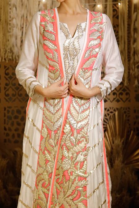 Buy Archana Kochhar Ivory Raw Silk, Chanderi Gota Applique Work Kurta Notched Embroidered And Set Online at Aza Fashions Buy_Archana Kochhar_Ivory Raw Silk, Chanderi Gota Applique Work Kurta Notched Embroidered And Set _Online_at_Aza_Fashions