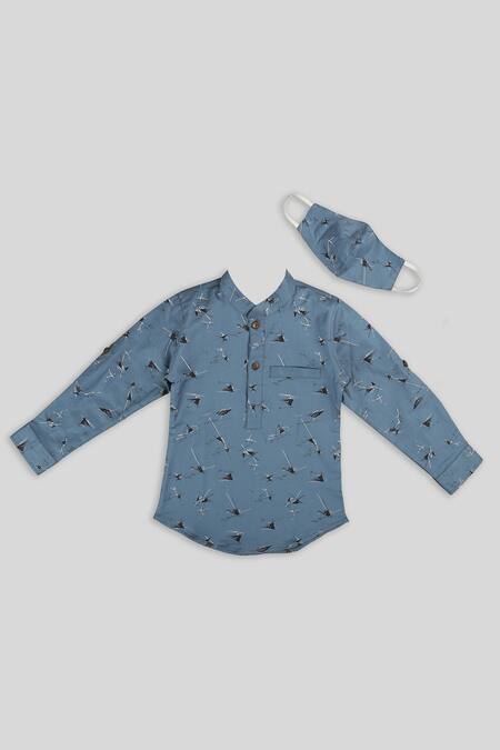 Champscloset_Blue Cotton Printed Shirt With Mask _Online_at_Aza_Fashions