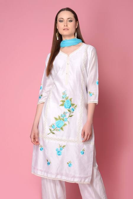 Shop_Surabhi Arya_White Kurta And Pant Silk Chanderi Dupatta Chiffon Set _Online_at_Aza_Fashions