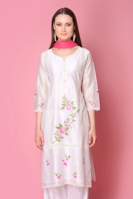 Buy_Surabhi Arya_White Kurta And Pant Silk Chanderi Dupatta Chiffon Set _Online_at_Aza_Fashions