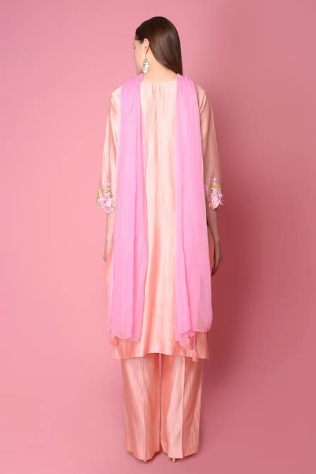 Shop_Surabhi Arya_Peach Kurta And Pant Silk Chanderi Dupatta Chiffon Set _at_Aza_Fashions