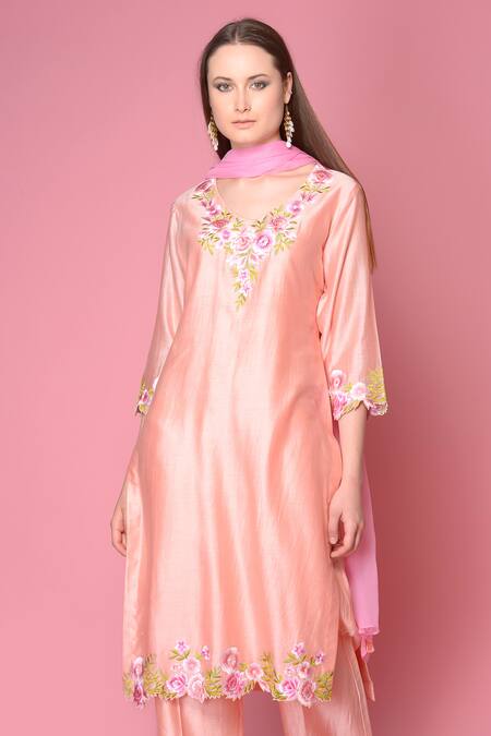 Buy_Surabhi Arya_Peach Kurta And Pant Silk Chanderi Dupatta Chiffon Set _Online_at_Aza_Fashions