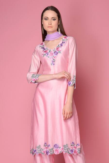 Buy_Surabhi Arya_Pink Kurta And Pant Silk Chanderi Dupatta Chiffon Set _Online_at_Aza_Fashions
