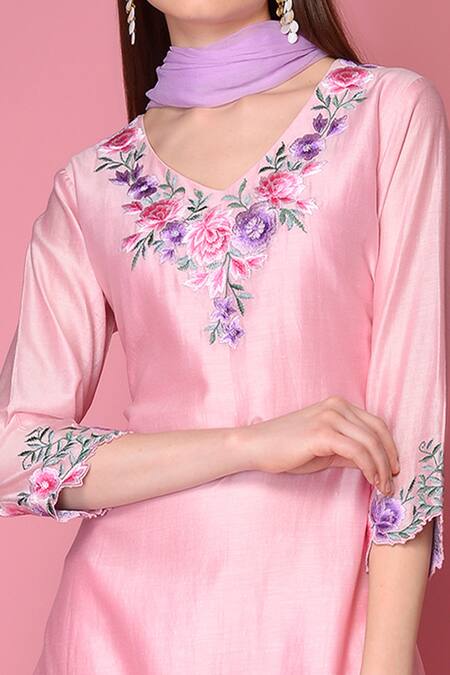 Shop_Surabhi Arya_Pink Kurta And Pant Silk Chanderi Dupatta Chiffon Set _Online_at_Aza_Fashions