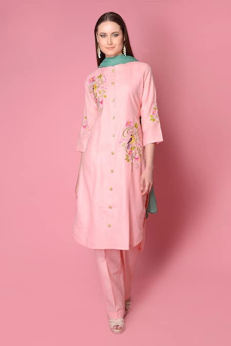 Surabhi Arya Pink Kurta And Pant Matka Cotton Dupatta Chiffon Floral Embroidered Set 