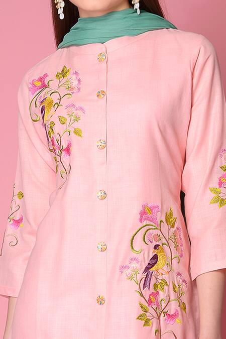 Shop_Surabhi Arya_Pink Kurta And Pant Matka Cotton Dupatta Chiffon Floral Embroidered Set_Online_at_Aza_Fashions