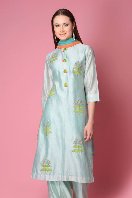 Buy_Surabhi Arya_Blue Kurta And Pant Silk Chanderi Dupatta Chiffon Set _Online_at_Aza_Fashions