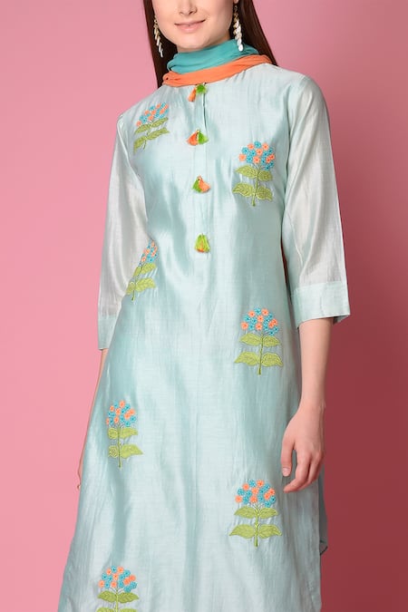 Shop_Surabhi Arya_Blue Kurta And Pant Silk Chanderi Dupatta Chiffon Set _Online_at_Aza_Fashions