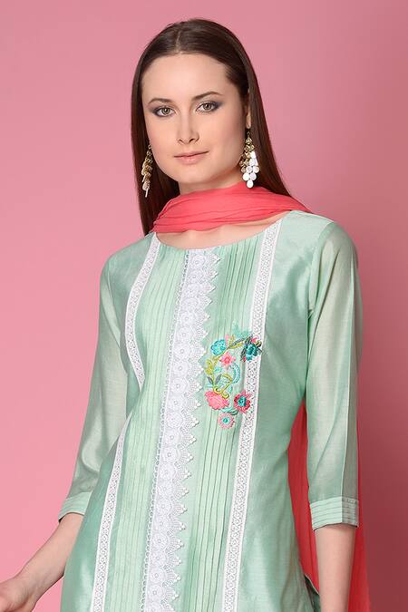 Buy_Surabhi Arya_Green Kurta And Pant Silk Chanderi Dupatta Chiffon Pintuck Set_Online_at_Aza_Fashions