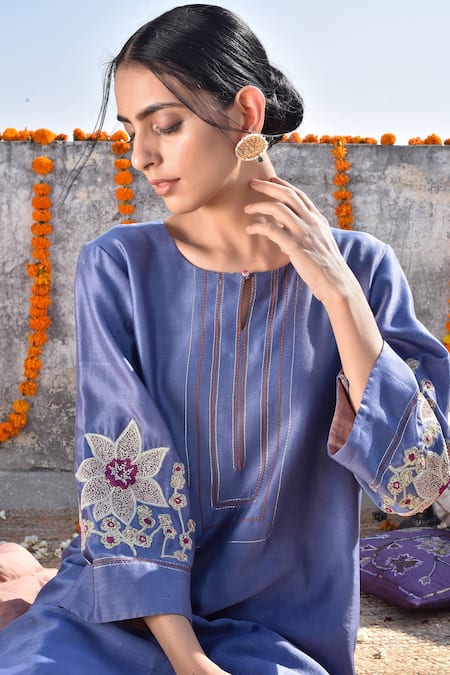 Buy_Kanika Sharma_Blue Cotton, Chanderi Kurta Set _Online_at_Aza_Fashions