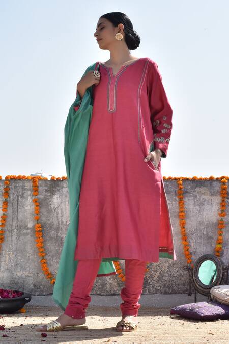 Kanika Sharma_Pink Cotton, Chanderi Kurta Set _Online_at_Aza_Fashions