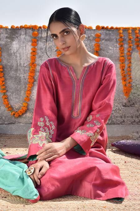 Buy_Kanika Sharma_Pink Cotton, Chanderi Kurta Set _Online_at_Aza_Fashions