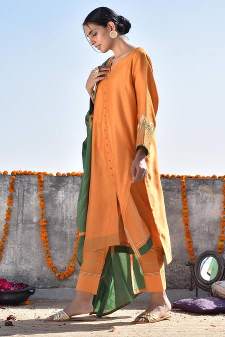 Kanika Sharma_Blue Cotton, Chanderi Kurta Set _Online_at_Aza_Fashions