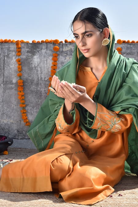 Buy_Kanika Sharma_Blue Cotton, Chanderi Kurta Set _Online_at_Aza_Fashions