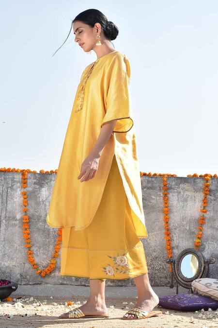 Kanika Sharma_Yellow Chanderi, Cotton Jama Kurta And Palazzo Set_Online_at_Aza_Fashions
