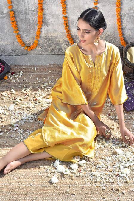 Buy_Kanika Sharma_Yellow Chanderi, Cotton Jama Kurta And Palazzo Set_Online_at_Aza_Fashions