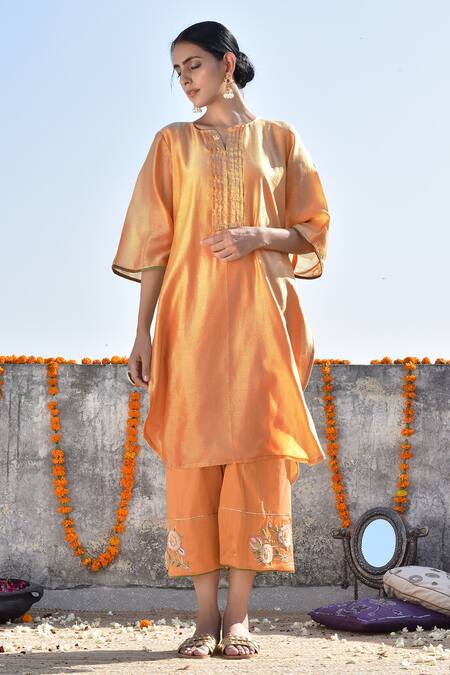 Kanika Sharma_Orange Chanderi, Cotton Jama Kurta And Palazzo Set _Online_at_Aza_Fashions