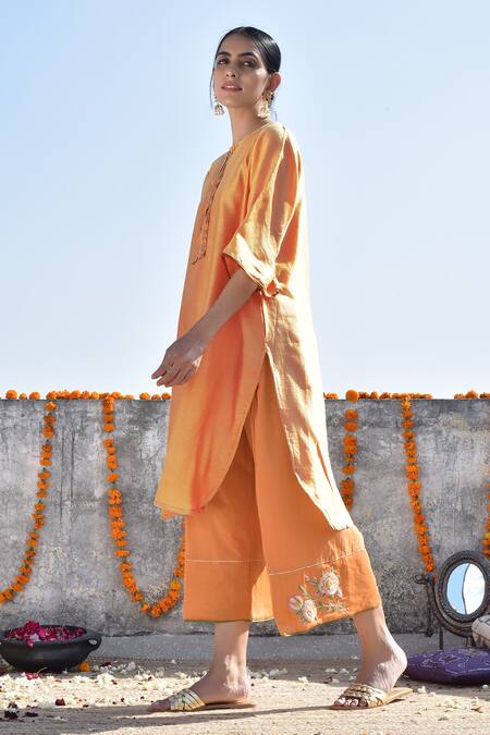 Buy_Kanika Sharma_Orange Chanderi, Cotton Jama Kurta And Palazzo Set _Online_at_Aza_Fashions