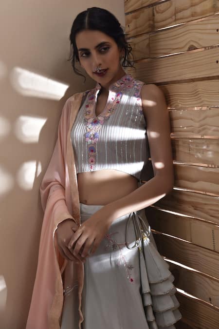 Kanika Sharma_Grey Lehenga Silk Blouse And Dupatta Georgette Band Collar Embroidered Set _Online_at_Aza_Fashions