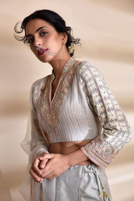 Buy_Kanika Sharma_Grey Lehenga Silk Blouse Georgette Dupatta Organza Band Embroidered Set _Online_at_Aza_Fashions