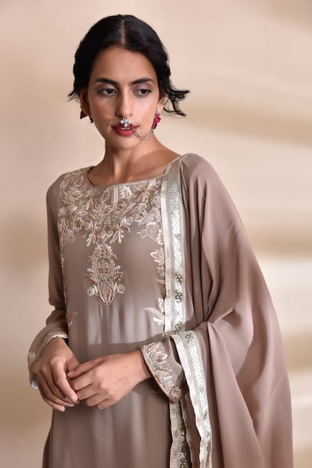 Buy_Kanika Sharma_Brown Kurta And Dupatta Georgette Pant Crepe Round Embroidered Set _Online_at_Aza_Fashions